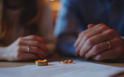 Duas alianças de casamento sobre documento de divórcio com casal ao fundo durante assinatura do acordo